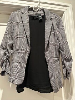 DKNY Black/White/Maroon Plaid Blazer, Black silky blouse, Maroon dress slacks